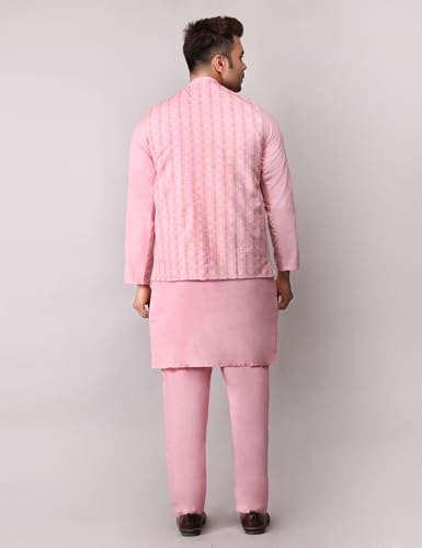 Image of Men's Cotton Silk Blend Regular Kurta Pyjama, Embroidered Nehru Jacket /Waistcoat Set