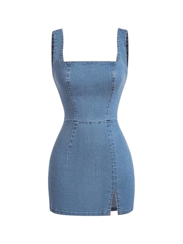 WDIRARA Women's Sleeveless Mini Denim Dress Slit Asymmetrical Hem Bodycon Tank Dresses
