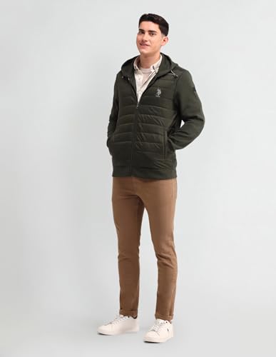 Image of U.S. Polo Assn. Denim Co. Men's Green Solid Hooded Long Sleeve Casual Polyester Regular Fit Quilted Jacket