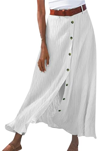 YMING Womens Button Front Flowy Maxi Skirt A Line Cotton Linen Skirts Casual Pleated Long Skirt