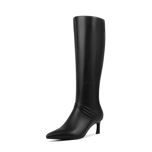 Black Kitten Heel Knee High Boots for Women with Pointed Toe Side Zipper Design Tall Long Boots