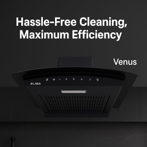 Image of Elisa Venus 90 Auto Clean Filterless Kitchen Chimney | 90cm, 1400 m /hr Suction, Gesture & Touch Control, Black, LED Lamp, Low Noise Cooker Hood