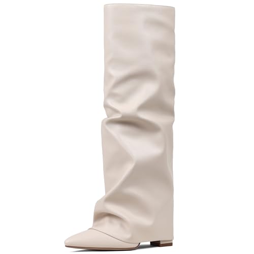 Image of SaraIris Women's Slouchy Knee High Boots - Black, Pointed Toe, Fold Over, Chunky, Shark Boots
