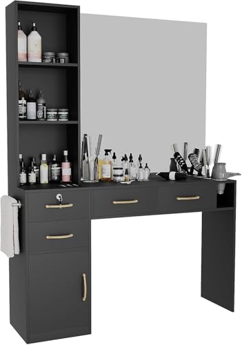 Barber Salon Station for Hair Styling – Professional Salon Station with 1 Cabinet, 3 Open Compartments, and 4 Drawers (One Lockable) – Includes Blow Dryer Rack, No Mirror, Black Beauty Spa Furniture