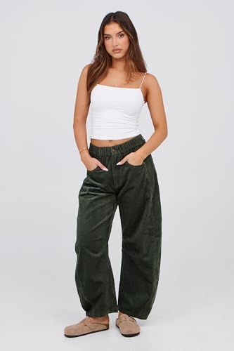Lviefent Womens Mid Rise Cord Barrel Jeans Casual Baggy Wide Leg Corduroy Cropped Ankle Pants with Pockets2