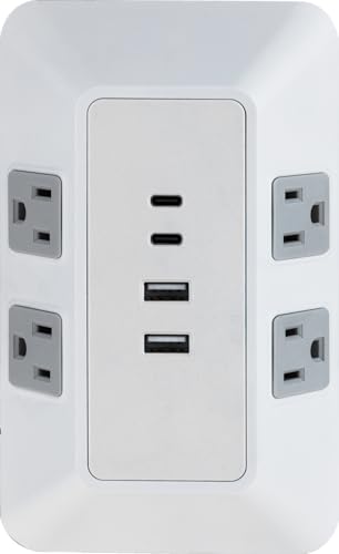 GE 2 USB C Outlet Extender, Grounded Wall Tap, 2 USB A, 4 Adapter Spaced Outlets, 3-Prong, Multiple Plug...