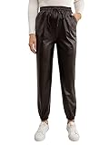 Dreamskull Lederhose Damen Frauen Lang Locker Kunstleder Bleistifthose Lederhosen Jogginghose Bikerhose Elegant PU Leder Lange Hose Hosen High Waist mit Taschen Stretch (Kaffee, L)