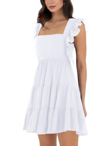 Image of Women's Summer Square Neck Tie Back Ruffle Sleeve Tiered Casual A-Line Short Mini Dress