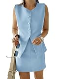 Cicy Bell Womens Summer 2 Piece Outfits Crew Neck Sleeveless Fitted Blazer Vest Matching Sets Work Mini Skirt Suit Sets Light Blue