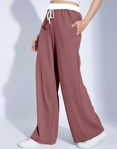 Image of Mehrang Wide Leg Drawstring Pants, with Contrast Waist Band || Casual Lounge Wear Side with Pockets, High Waisted, Relaxed Fit Trouser for Women