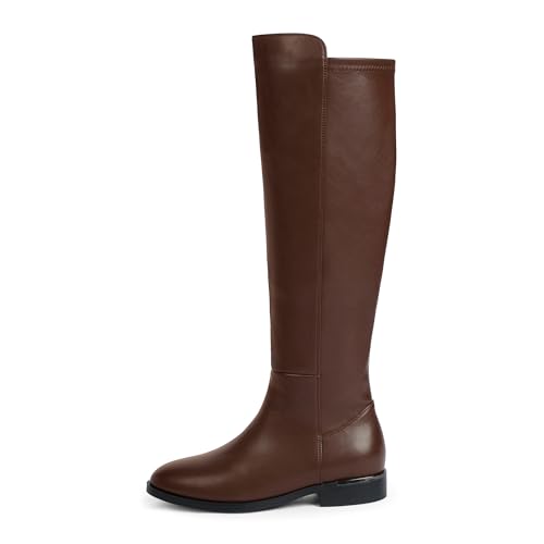Image of Modatope Rounded Toe Flat Stretchy Dress Knee High Boots Side Zipper | Suede Elastic Fall Winter Boots, Low Chunky Block Heel Riding Boots,2026 Fashion Womens Tall Long Boots