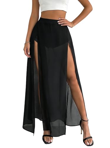 Avanova Women Double High Slit Maxi Skirt Sheer Sexy Flowy Long Skirts Beach Vacation with Shorts Underneath Black Small