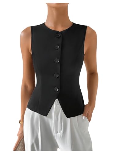 MakeMeChic Women's Sleeveless Single Breasted Blazer Round Neck Asymmetrical Hem Blazer Vest