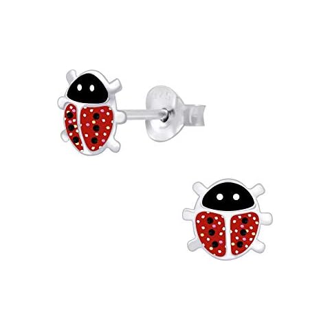 Laimons Pendientes para niña diseño mariquita, color negro, blanco y rojo brillante, plata de ley 925 Cover
