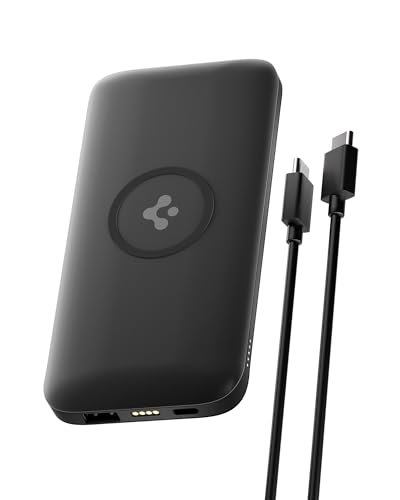 Spigen 2-in-1 10000mAh Wireless Charging Power Bank, 25W Max Fast Charging Compatible with Charging Dock, Anti-Slip Ring, Included Type-C to C Cable (Pogo Pin Ver.) - Black