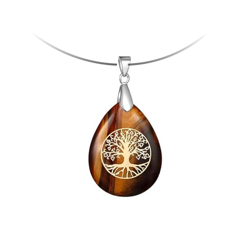 Dumhuts Collier en pierre d'oeil de tigre pendentif en cristal avec pendentif arbre de vie en chaîne en acier inoxydable,Chaîne en Acier Inoxydable, Bijou de Protection et de Chance,pour Femmes,