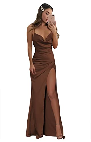 Women's Spaghetti Strap Satin Bridesmaid Dresses Lace Up Back Long Mermaid Formal Dress with Slit