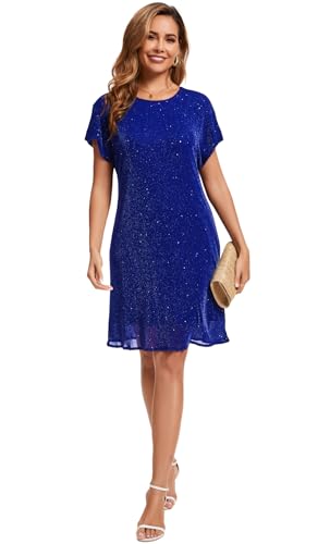 Image of Women's Crewneck Sequin Shift Dress Short Sleeve Casual Holiday Sparkly Party Dress