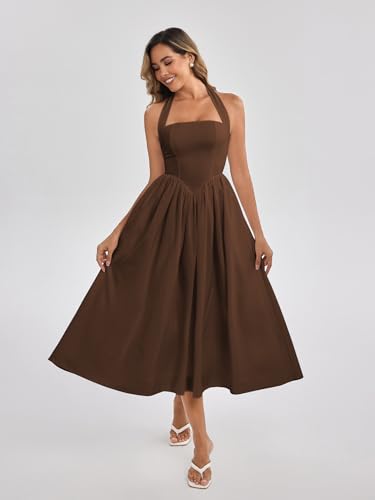 Image of Parthea Women's Floral Halter Corset Midi Dress 2026 Elegant Smocked Flowy Wedding Guest Dresses with Pockets