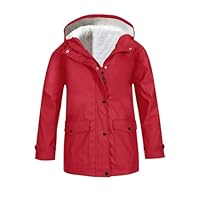 Girls Rain Jacket Lightweight Waterproof Raincoat Fleece Lined Outdoor Hooded Windbreaker Trench Coat for Kids Packable Travel Hiking Outdoor Jackets With Pocket (Red, 9-10 Years)