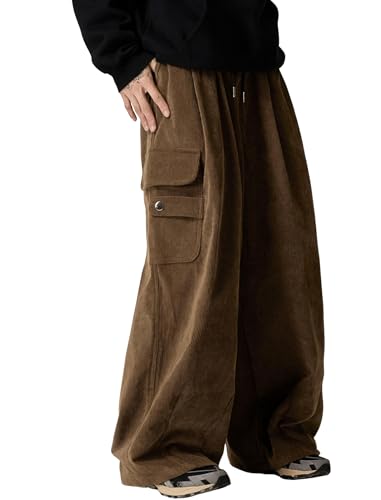 ZAFUL Mens Corduroy Pants Baggy Wide Leg Drawstring Elastic Waist Sweatpants Vintage Cargo Pants with Pockets for Streetwear