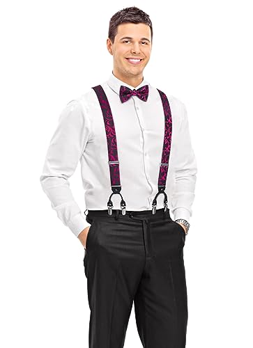 Image of HISDERN Suspenders for Men Paisley Floral Bow tie Suspender Pocket Square Sets Adjustable Y Shape 6 Clips Wedding Braces