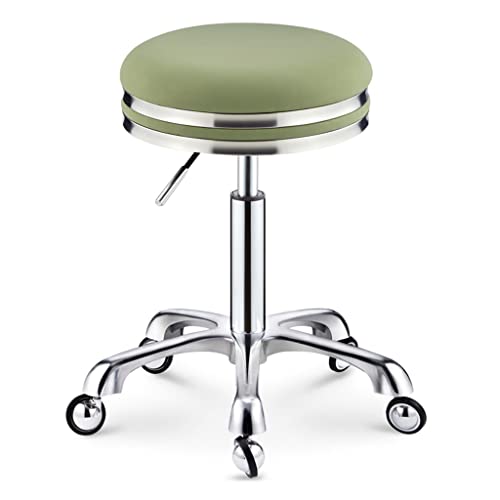 QDZC Load-Bearing 440 Ib Round Rolling Stool with Wheels, Heavy Duty PU Leather Swivel Height Adjustable Shop Work Stool with Mute Wheels,Salon Massage Beauty Stools Green