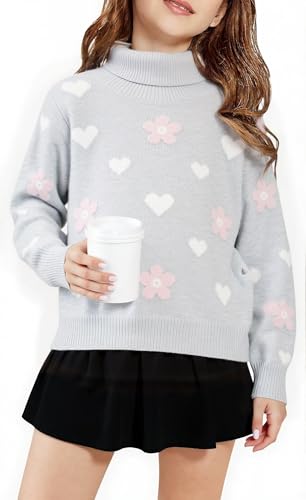 SELINK Girls Turtleneck Sweaters Heart Pattern Long Sleeve Knitted Flower Pullover Sweater Cute Jumper Tops