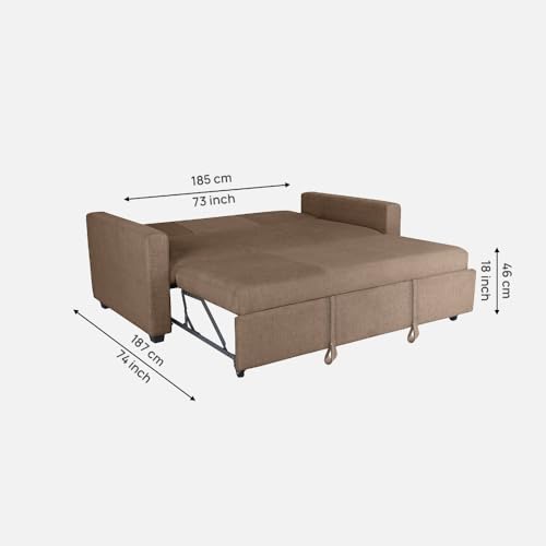 Image of Duroflex Ease - Wood 3 Seater Sofa Cum Bed with Pullout Mechanism, Plaster Brown Finish, 3-Person Sofa
