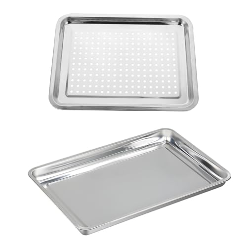 Loaf Pan Breading Trays Set of 2, BBQ Outdoor Grill Topper, Stainless Steel Grilling Baskets with Holes, Perforated Food Oven Tray Barbecue Accessories for Vegetable, Fish, Meat, Seafood