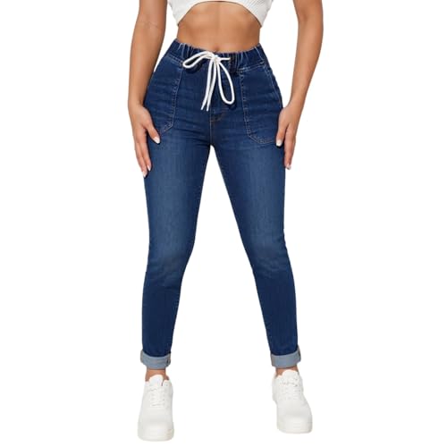 fanmpghleoo Denim Joggers for Women Drawstring Elastic Waist Cropped Skinny Jeans Trendy Boyfriend Slim Fit Stretch Jeans