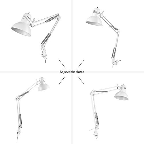 Image of GLOBE Electric 52847 31.5 Inch Swing Arm Clamp-On White Desk Lamp with Nickel Accents, On /Off Rotary Switch, Book Reading Light, Home Essentials, Office Decor, LED Bulb Compatible