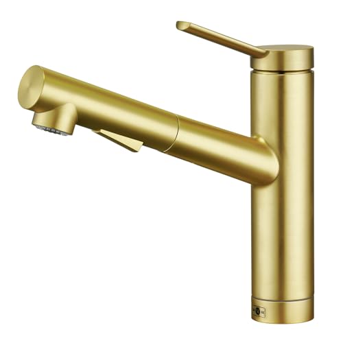 CREA Wasserhahn Küche, Küchenarmatur mit Ausziehbarer Brause, Spültischarmatur Küche mit 2 Strahlarten, 120° Drehbar Mischbatterie Küche, Gebürstetes Gold