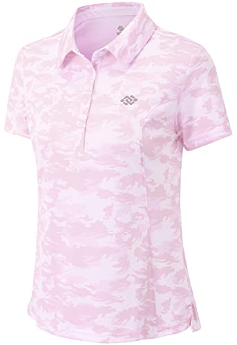 MoFiz Polo Mujer Camiseta Manga Corta Verano Golf Tops de Protección Solar con Cuello Camo - Rosa XL