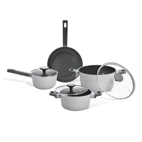 Oikos - Jogo com 4 Panelas Antiaderentes de Revestimento Cerâmico para Fogão por Indução, a Gás, Elétrico e Vitrocerâmico Cor Cinza Mou Trufa