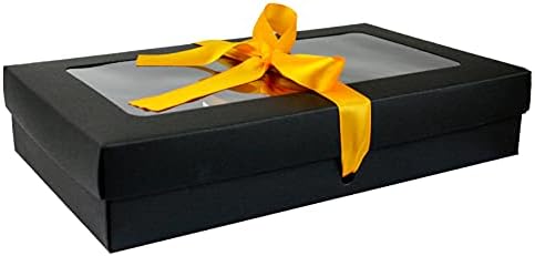 Emartbuy Pack of 12 Rectangle Shaped Presentation Gift Box, 21 cm x 12.5 cm x 2.5 cm, Brown Kraft Box with Clear Lid and Satin Ribbon