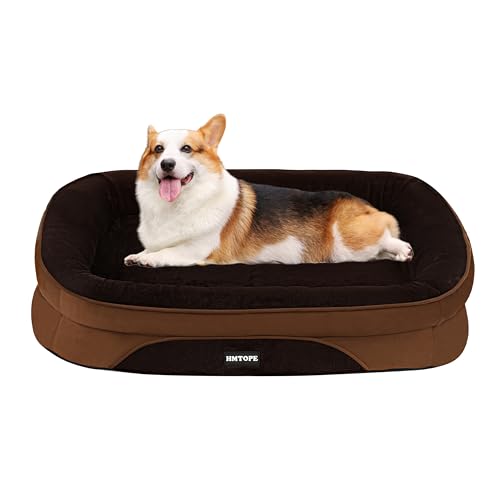 HMTOPE Orthopädisches Hundebett, Hundesofa, Vierseitiges Nackenrolle Kissen, rutschfeste Unterseite Hundekorb, Abnehmbar und Waschbar, Kleine Hunde, Mittelgroße Hunde, 90 x 71 x 15 cm, Braun
