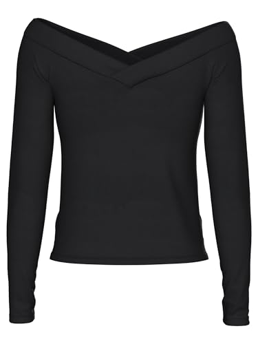 PIECES PCMALIVA LS Off Shoulder V-Neck Top Noos, Camiseta, Opacity, Black, Medium