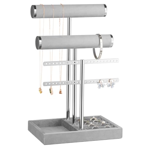 Josmimic Organizador de joyas con 3 niveles – Gris Soporte para joyas pulseras, soporte para joyas desmontable, soporte de terciopelo para pulsera, collar, relojes, anillos