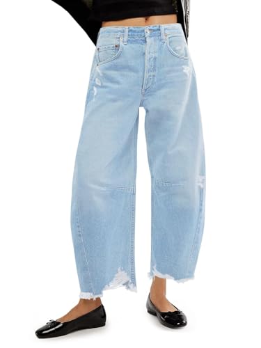 Cicy Bell Womens Baggy Barrel Jeans Cropped Boyfriend Wide Leg Raw Hem Denim Pants Wash Blue
