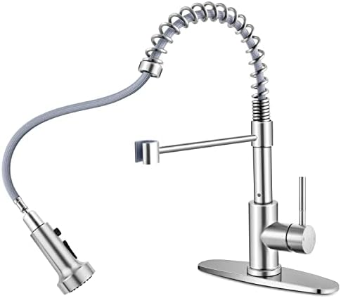 Homikit Kitchen Sink Faucet Brushed Nickel with Pull Down Sprayer, Stainless Steel Spring Kitchen Faucets with Deck Plate 1 or 3 Hole, High Arc Commercial Faucet for Farmhouse Laundry Utility Rv
