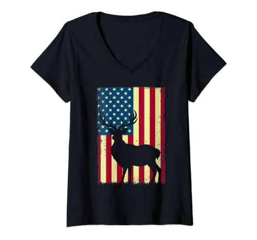 Mujer American USA Flag Patriotic Vintage Deer Stag Hunter Hunting Camiseta Cuello V