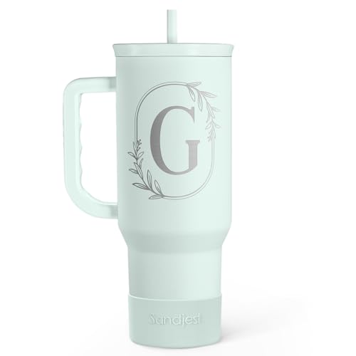 Personalized Monogrammed Tumbler with Handle 40oz, Letter G Tumblers Insulated Coffee Travel Cup, Custom Initial Gift for Women Girls Friends, Monogram Gift for Christmas Birthday Mothers Day