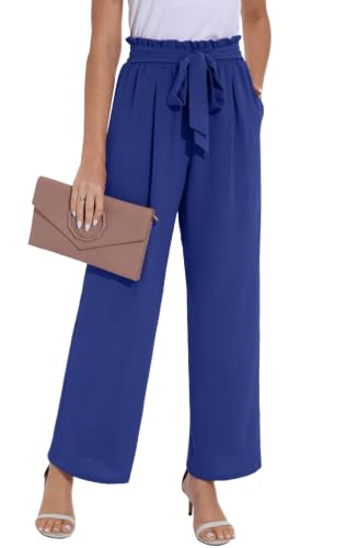 Image of PrinStory Trousers for Women UK Elasticated Waist Lightweight Summer Pants Causal Wide Leg Palazzo Trousers Beach Work (Royal Blue, L)