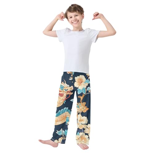 Dragon and Flowers Boys Long Pants Soft Trousers Elastic Waist Kids Lounge Bottoms with Pockets S-XL3