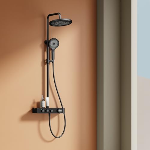 EMKE Columna de Ducha Termostática – Negro, Regulación Innovadora del Caudal, Ducha Efecto Lluvia de 26 cm, Ducha de Mano con 3 Jets, Barra de Ducha y Flexible, Sistema de Ducha