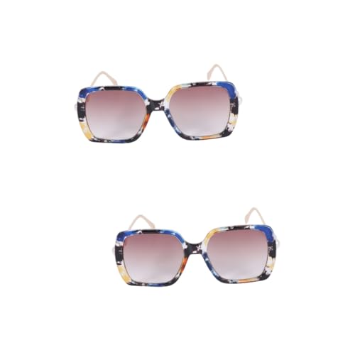 SHERCHPRY 2piezas Gafas De Sol Cuadradas Decorativas Para Mujer Perlas Estilo Floral Azul y Lentes Color Té Protección Solar y Comodidad Para Uso Al Aire