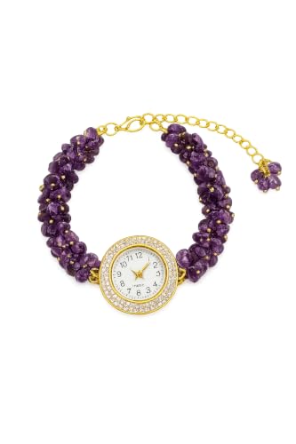 Image of ARKN Crystal Bracelet Watch for Women | Natural Gemstone Beaded Wrist Watch | Gold-Tone Dial with Rhinestone Bezel | Adjustable Fashion Jewellery Gift for Women & Girls