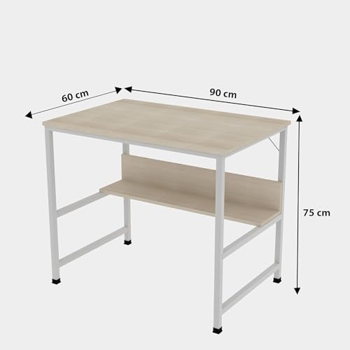 Image of Multipurpose Wood Study Table with Shelf Computer, Laptop & Office Workstation Desk for Home & Work - Easy to Assemble Gaming Concept Desk (White Board White Metal)(L*90,B*60,H*75)cm.