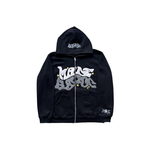 LIXQQS Herren Trendy Y2K Graffiti Hoodie, Oversized Zipper Jacke für einen Urbanen Look im Streetwear-Style, Amerikanisches Retro-Sweatshirt, Hip Hop Streetwear, Kapuzenpullover, Sweatjacke(Schwarz,M)